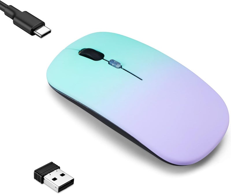 Guiheng Wireless Bluetooth Mouse,LED Dual Mode Rechargeable Silent Slim Laptop Mouse,Portable(BT5.2+USB Receiver) Dual Mode Computer Mice,for Laptop,Desktop Computer,ipad Tablet,Phone,Mac(Green purple) - Image 1